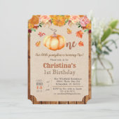 Pumpkin Rustic Blätter Wood 1. Geburtstag Einladun Einladung (Stehend Vorderseite)