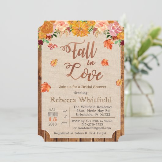 Pumpkin Rustic Blätter Wood Baby Dusche Einladung (Stehend Vorderseite)