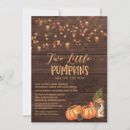 Pumpkin Rustic Twin Baby Shower Einladung (Vorderseite)