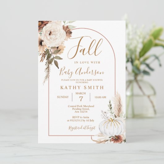 Pumpkin Rustikaler Boho Arch Fall in Liebe Baby Einladung (Stehend Vorderseite)