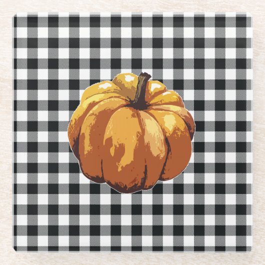 Pumpkin Schwarzer Karo Herbst Glasuntersetzer (Vorderseite)