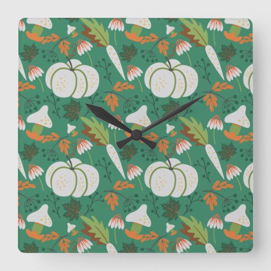 Pumpkin seamless pattern carrots and mushrooms quadratische wanduhr (Vorderseite)