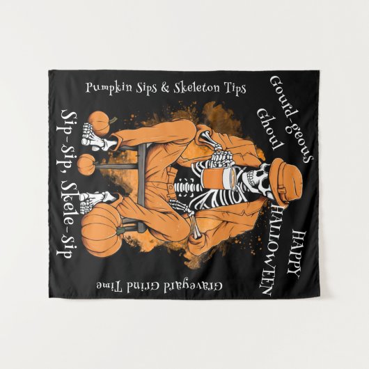 Pumpkin Sips Skeleton Tipps Wand hängen, Halloween Wandteppich (Vorderseite (Horizontal))