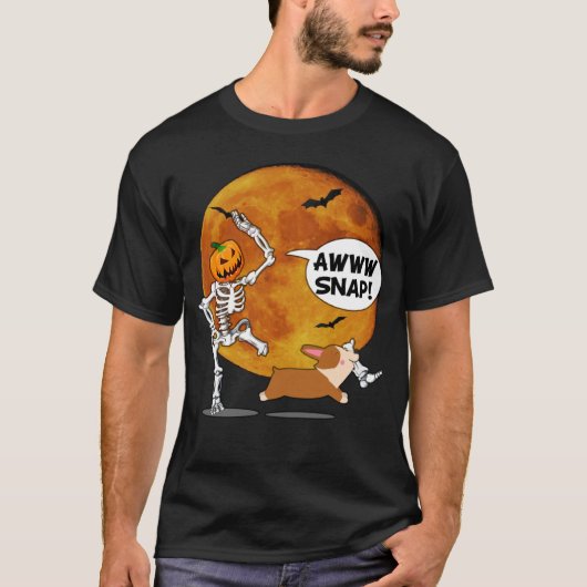 Pumpkin Skeleton Broken Leg Halloween Corgi T-Shirt (Vorderseite)