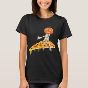 Pumpkin Skeleton Riding Pizza Halloween T-Shirt