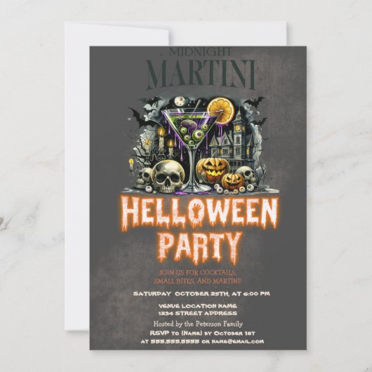 Pumpkin Skeleton Skull Martini Beängstigend Hallow Einladung (Vorderseite)