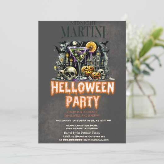 Pumpkin Skeleton Skull Martini Beängstigend Hallow Einladung (Stehend Vorderseite)