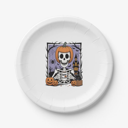 Pumpkin Skeleton trinken Kaffee Pappteller (Vorderseite)