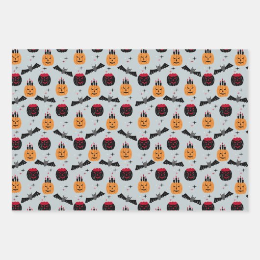 Pumpkin Skulls Black Cat Design Perfekte Halloween Geschenkpapier Set (Vorderseite)