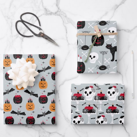 Pumpkin Skulls Black Cat Design Perfekte Halloween Geschenkpapier Set (Vorderseite)