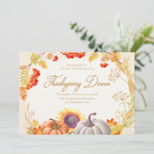Pumpkin Sonnenblumen Erntedank Abendessen Einladun Einladung (Stehend Vorderseite)