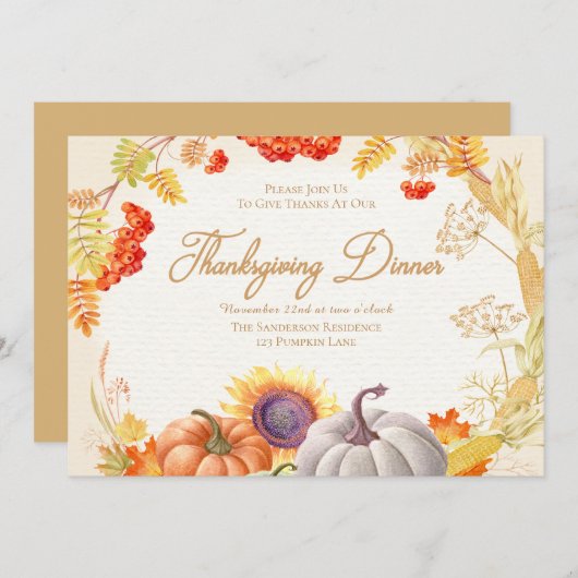 Pumpkin Sonnenblumen Erntedank Abendessen Einladun Einladung (Vorne/Hinten)