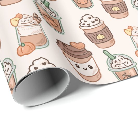Pumpkin Spice Coffee Kawaii Fall Pattern Geschenkpapier (Rolleneckpunkt)