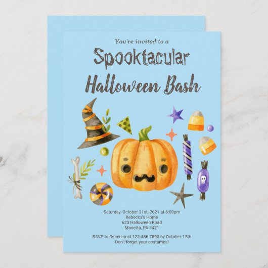 Pumpkin Spooktacular Halloween Bash Party Blue Einladung (Vorne/Hinten)