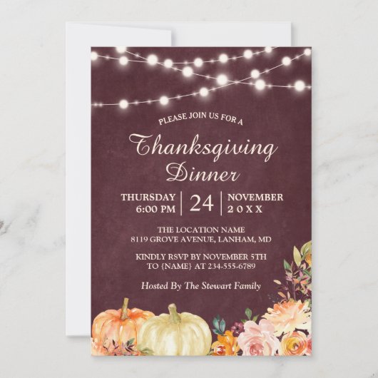 Pumpkin String Lights Erntedank Dinner Einladung (Vorderseite)