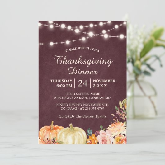 Pumpkin String Lights Erntedank Dinner Einladung (Stehend Vorderseite)