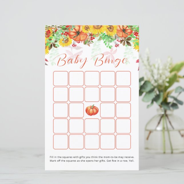 Pumpkin Sunflower Baby Dusche Bingo Spiel (Stehend Vorderseite)