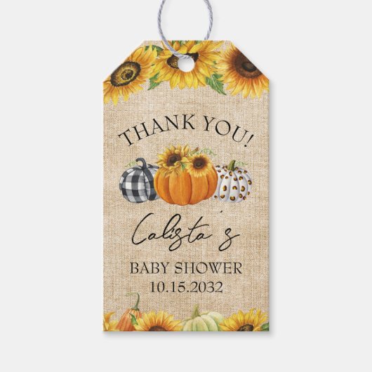 Pumpkin & Sunflower Babydusche Danke für Gi Geschenkanhänger (Vorderseite)