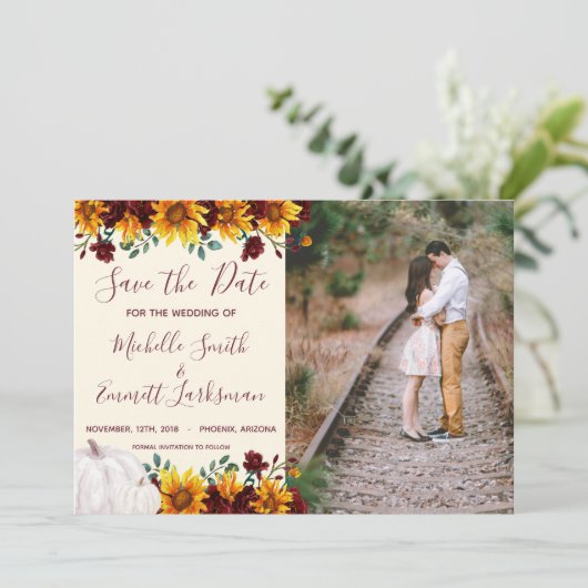 Pumpkin Sunflower Burgundy Save the Date (Stehend Vorderseite)