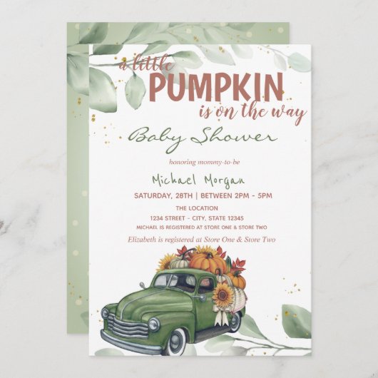 Pumpkin Sunflower Truck Baby Dusche Einladung (Vorne/Hinten)