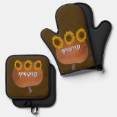 Pumpkin, Sunflowers, Gratitude Brown Oven Mitt & Ofenhandschuh & Topflappen-Set (Vorderseite/Rückseite)