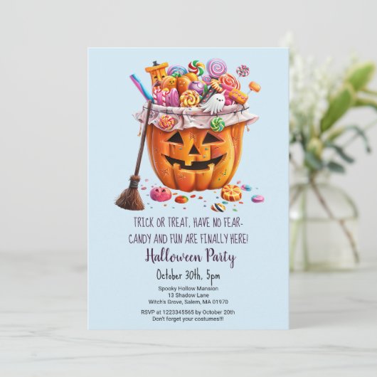 Pumpkin-Süßigkeiten Hexenkammer-Halloween-Party Einladung (Stehend Vorderseite)