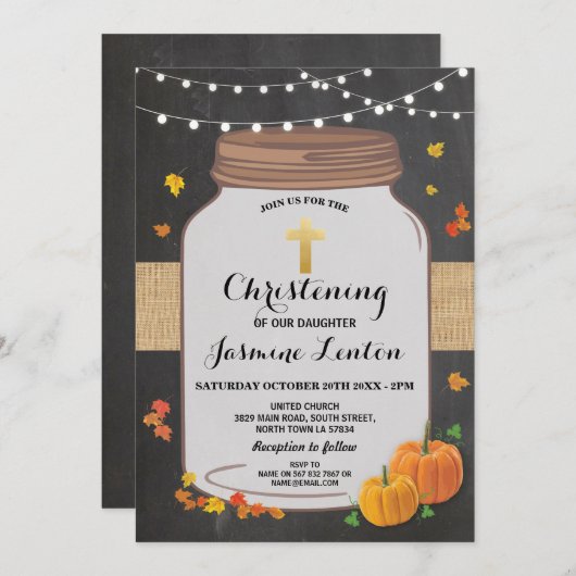 Pumpkin Taufkreuz Fall Christening Wood Jar Einladung (Vorne/Hinten)