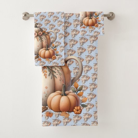 Pumpkin Teapot mit Fall Florals Illustration Badhandtuch Set (Insitu)
