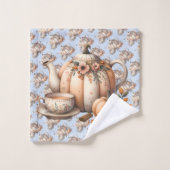 Pumpkin Teapot mit Fall Florals Illustration Badhandtuch Set (Waschlappen)