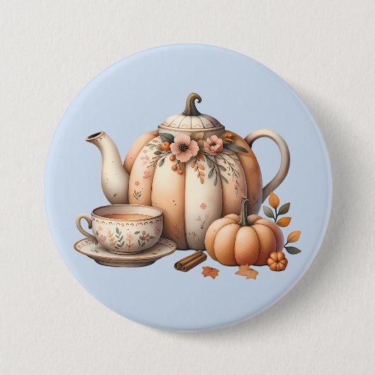 Pumpkin Teapot mit Fall Florals Illustration Button (Vorderseite)
