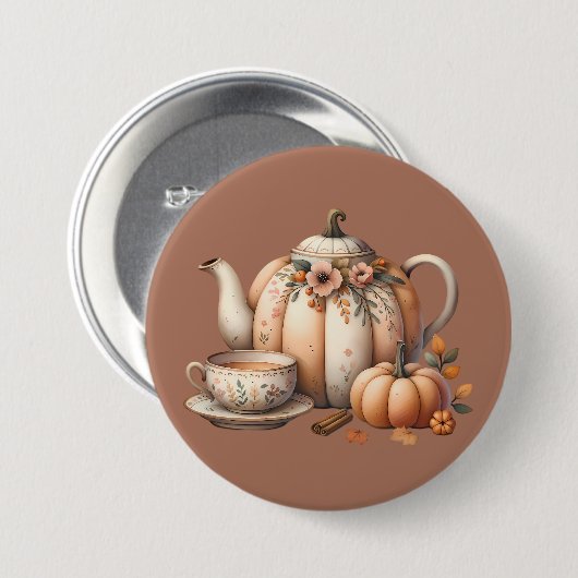 Pumpkin Teapot mit Fall Florals Illustration Button (Vorne & Hinten)