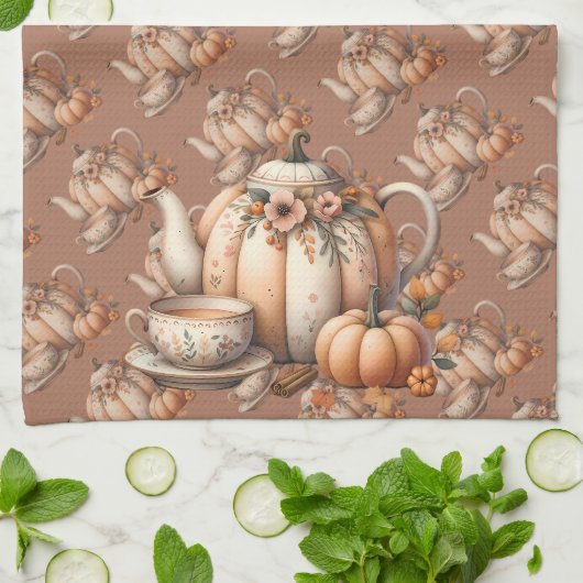 Pumpkin Teapot mit Fall Florals Illustration Geschirrtuch (Gefaltet)