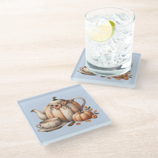 Pumpkin Teapot mit Fall Florals Illustration Glasuntersetzer (Schrägansicht)