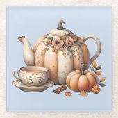 Pumpkin Teapot mit Fall Florals Illustration Glasuntersetzer (Vorderseite)