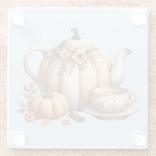 Pumpkin Teapot mit Fall Florals Illustration Glasuntersetzer (Rückseite)