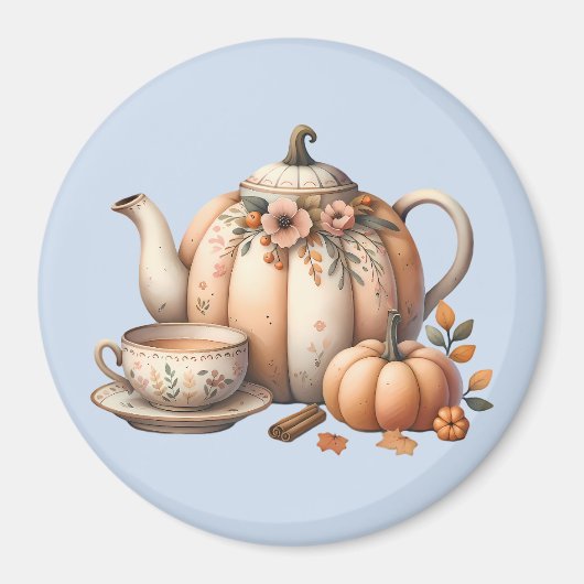 Pumpkin Teapot mit Fall Florals Illustration Magnet (Vorne)