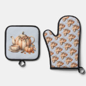Pumpkin Teapot mit Fall Florals Illustration Ofenhandschuh & Topflappen-Set (Vorderseite)