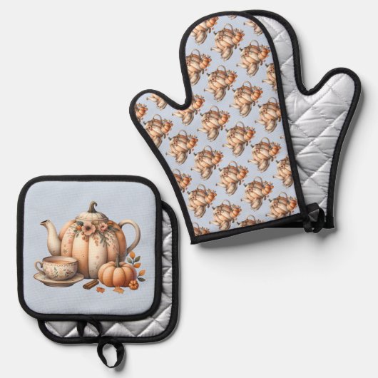 Pumpkin Teapot mit Fall Florals Illustration Ofenhandschuh & Topflappen-Set (Vorderseite/Rückseite)