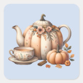 Pumpkin Teapot mit Fall Florals Illustration Quadratischer Aufkleber (Vorderseite)
