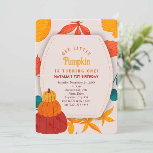 Pumpkin Thema ersten Geburtstag Einladung (Stehend Vorderseite)