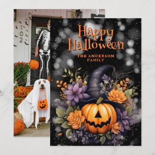 Pumpkin trägt eine Hut-Foto-Halloween-Karte Feiertagskarte