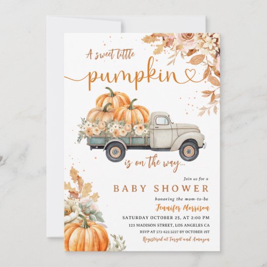 Pumpkin Truck Baby Shower Fall Gender Neutral Einladung (Vorderseite)