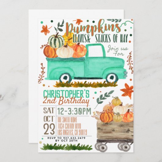 Pumpkin Truck Birthday Einladung (Vorne/Hinten)