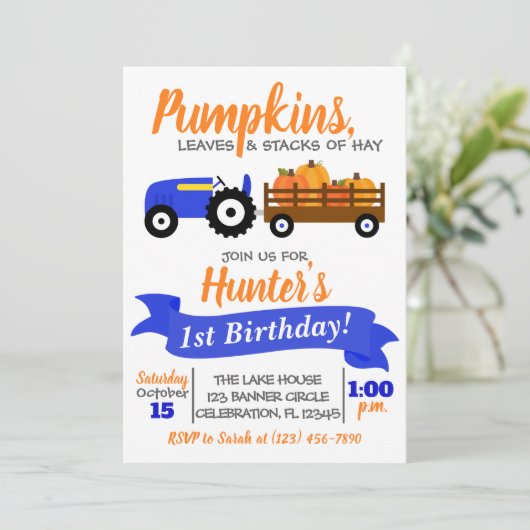 Pumpkin Truck Birthday Einladung - Blue Tractor (Stehend Vorderseite)