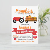Pumpkin Truck Birthday Einladung - Red Tractor (Stehend Vorderseite)