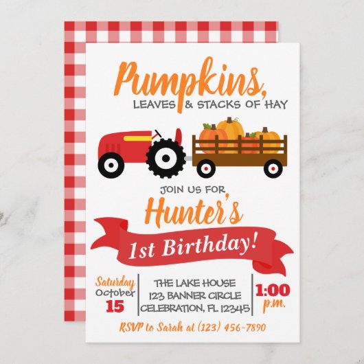 Pumpkin Truck Birthday Einladung - Red Tractor (Vorne/Hinten)