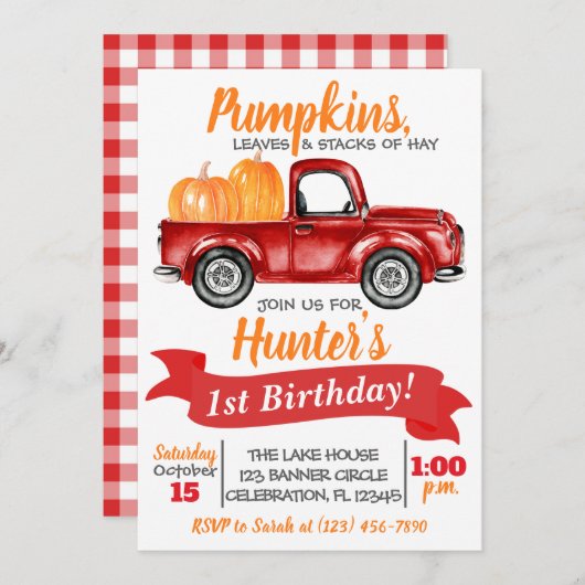 Pumpkin Truck Einladung zum Geburtstag - Red Truck (Vorne/Hinten)