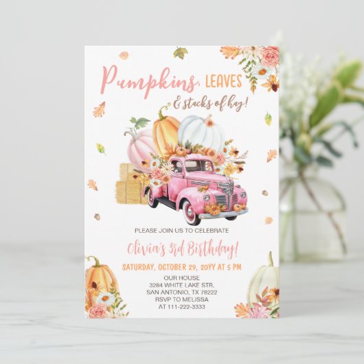 Pumpkin Truck Fall Birthday Party Einladung (Stehend Vorderseite)