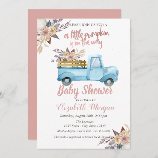 Pumpkin Truck Floral Rose Gold Baby Dusche Einladung (Vorne/Hinten)