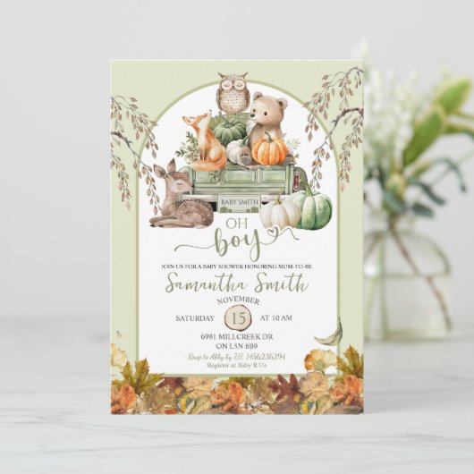 Pumpkin Truck Woodland Animals Oh Boy Baby Dusche Einladung (Stehend Vorderseite)
